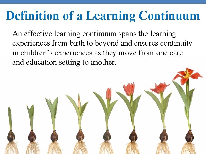 Definition of a Learning Continuum An effective learning continuum spans the learning experiences from