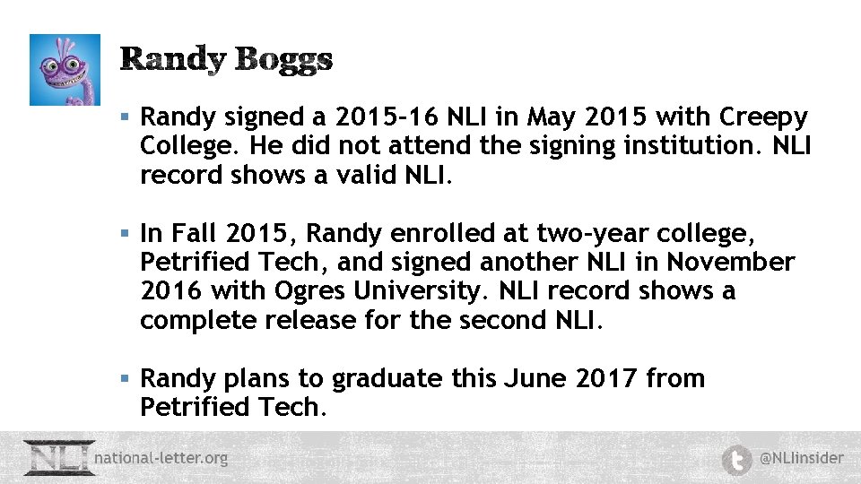 § Randy signed a 2015 -16 NLI in May 2015 with Creepy College. He