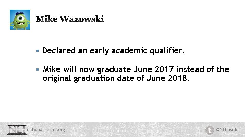 § Declared an early academic qualifier. § Mike will now graduate June 2017 instead