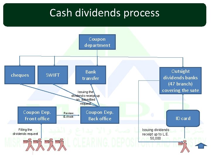 Cash dividends process Coupon department cheques Bank transfer SWIFT Issuing the dividends receipt up