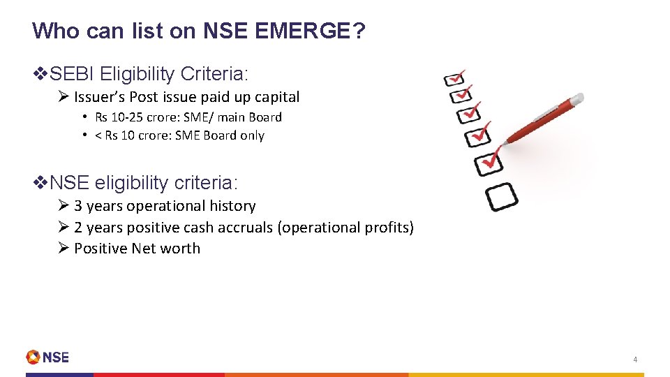 Who can list on NSE EMERGE? v. SEBI Eligibility Criteria: Ø Issuer’s Post issue