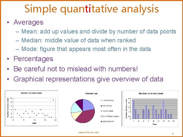 Simple quantitative analysis • Averages – Mean: add up values and divide by number