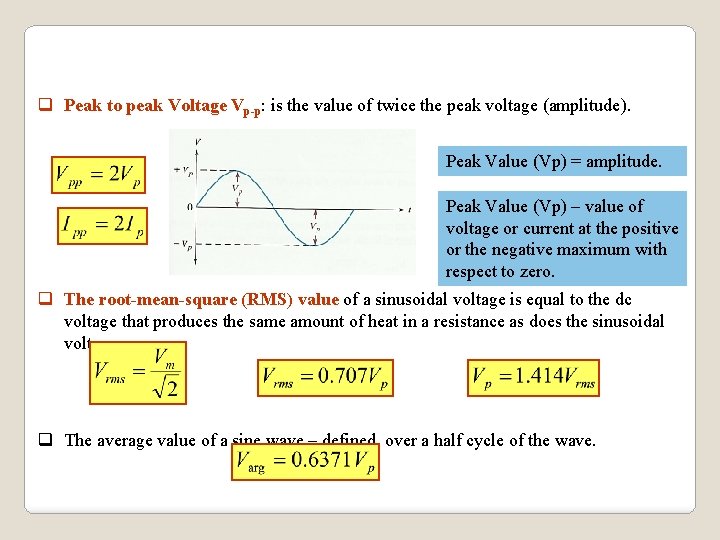 q Peak to peak Voltage Vp-p: is the value of twice the peak voltage