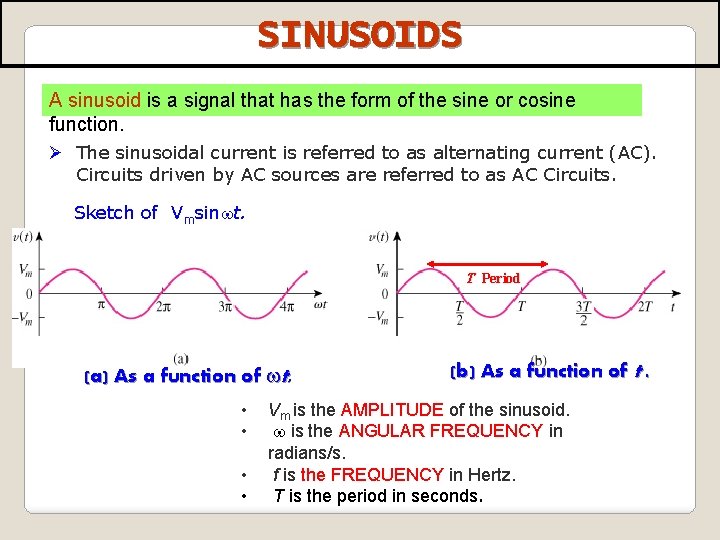 SINUSOIDS A sinusoid is a signal that has the form of the sine or
