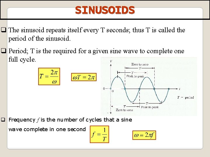 SINUSOIDS q The sinusoid repeats itself every T seconds; thus T is called the