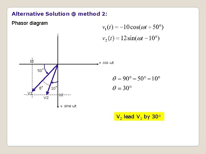 Alternative Solution @ method 2: Phasor diagram 10 + cos ωt 50˚ 10˚ θ˚