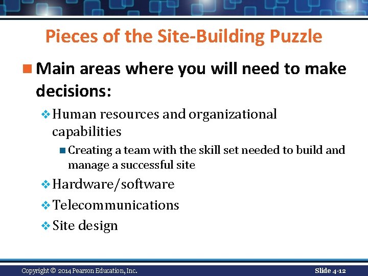 Pieces of the Site-Building Puzzle n Main areas where you will need to make