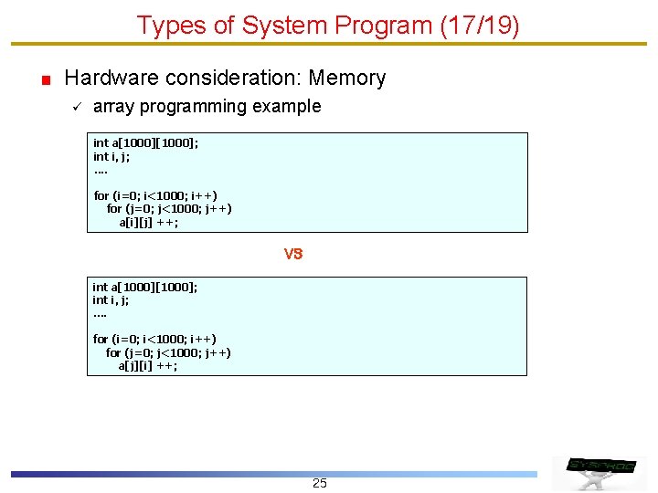 Types of System Program (17/19) Hardware consideration: Memory ü array programming example int a[1000];