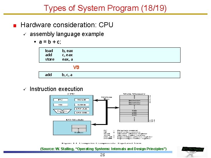 Types of System Program (18/19) Hardware consideration: CPU ü assembly language example § a