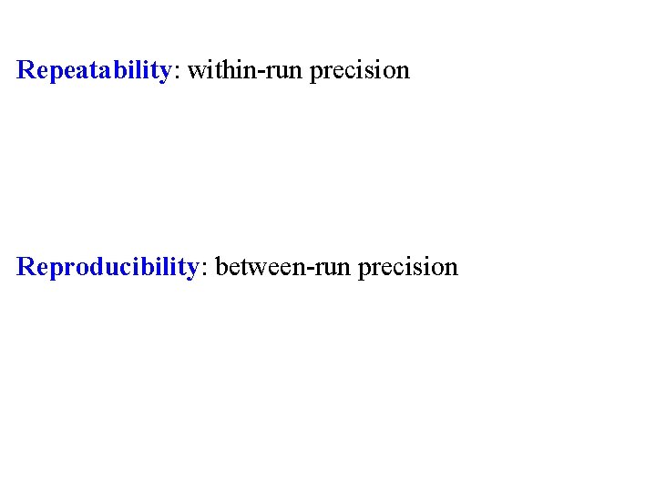 Repeatability: within-run precision Reproducibility: between-run precision 