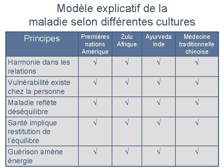 Modèle explicatif de la maladie selon différentes cultures Principes Premières Zulu nations Afrique Amérique