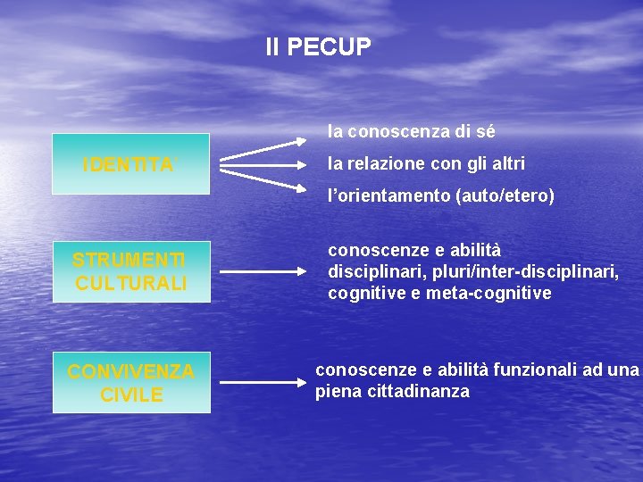 Il PECUP la conoscenza di sé IDENTITA’ la relazione con gli altri l’orientamento (auto/etero)