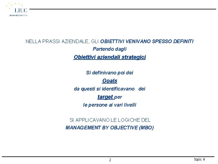 NELLA PRASSI AZIENDALE, GLI OBIETTIVI VENIVANO SPESSO DEFINITI Partendo dagli Obiettivi aziendali strategici Si