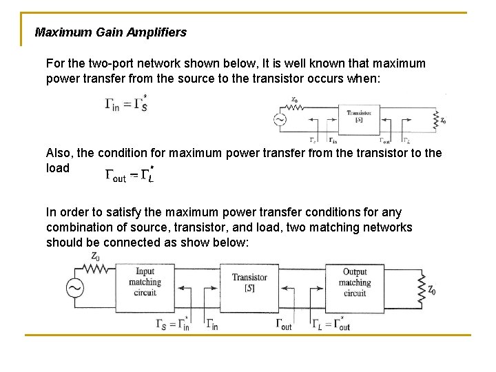 Maximum Gain Amplifiers For the two-port network shown below, It is well known that