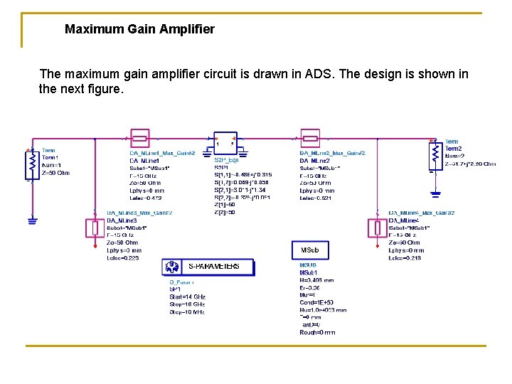 Maximum Gain Amplifier The maximum gain amplifier circuit is drawn in ADS. The design