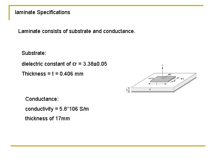 laminate Specifications Laminate consists of substrate and conductance. Substrate: dielectric constant of εr =