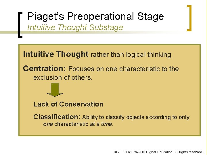 Piaget’s Preoperational Stage Intuitive Thought Substage Intuitive Thought rather than logical thinking Centration: Focuses