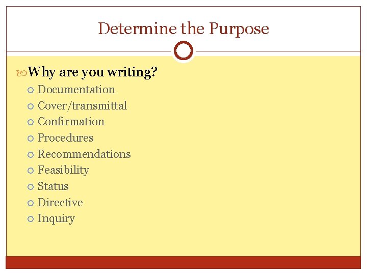 Determine the Purpose Why are you writing? Documentation Cover/transmittal Confirmation Procedures Recommendations Feasibility Status