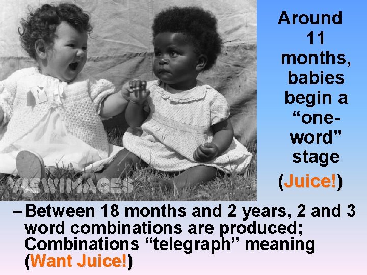 Around 11 months, babies begin a “oneword” stage (Juice!) – Between 18 months and