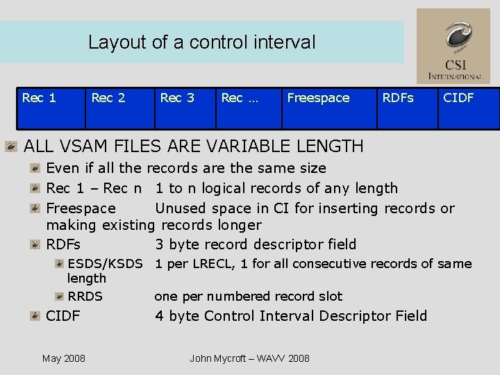 Layout of a control interval Rec 1 Rec 2 Rec 3 Rec … Freespace