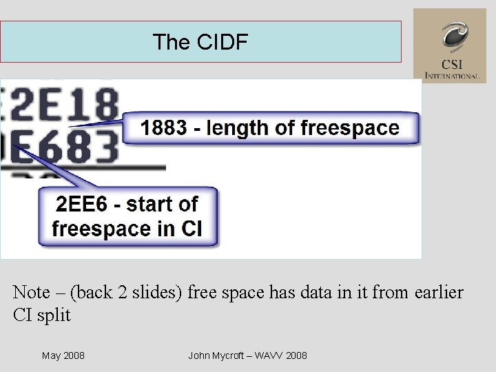 The CIDF Note – (back 2 slides) free space has data in it from