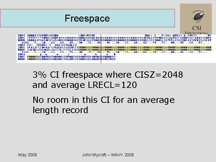 Freespace 3% CI freespace where CISZ=2048 and average LRECL=120 No room in this CI