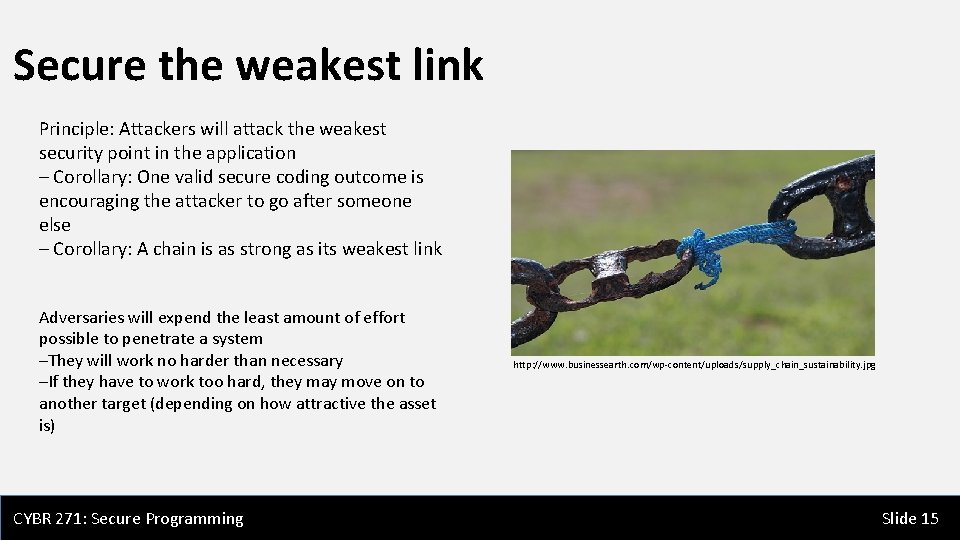 Secure the weakest link Principle: Attackers will attack the weakest security point in the Secure the weakest link Principle: Attackers will attack the weakest security point in the