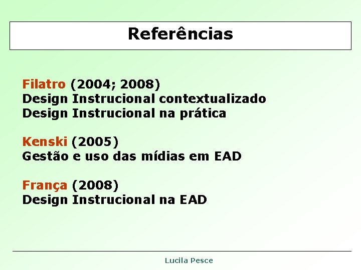 Referências Filatro (2004; 2008) Design Instrucional contextualizado Design Instrucional na prática Kenski (2005) Gestão Referências Filatro (2004; 2008) Design Instrucional contextualizado Design Instrucional na prática Kenski (2005) Gestão