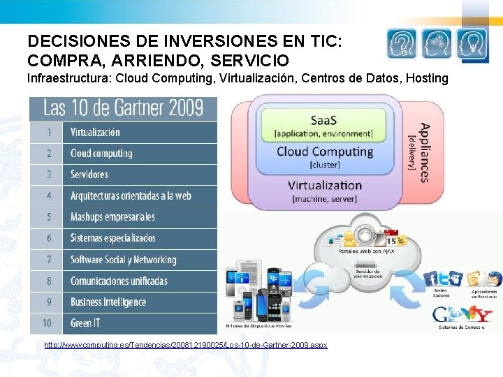 DECISIONES DE INVERSIONES EN TIC: COMPRA, ARRIENDO, SERVICIO Infraestructura: Cloud Computing, Virtualización, Centros de