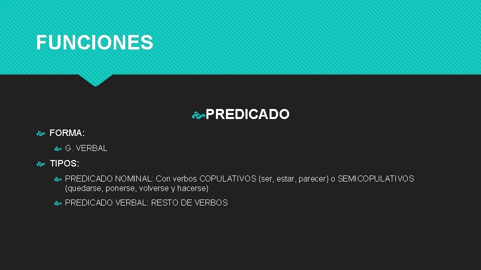 FUNCIONES PREDICADO FORMA: G. VERBAL TIPOS: PREDICADO NOMINAL: Con verbos COPULATIVOS (ser, estar, parecer)