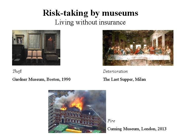 Risk-taking by museums Living without insurance Theft Deterioration Gardner Museum, Boston, 1990 The Last