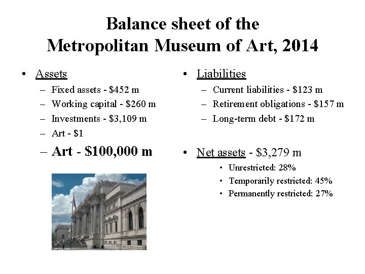 Balance sheet of the Metropolitan Museum of Art, 2014 • Assets – – Fixed