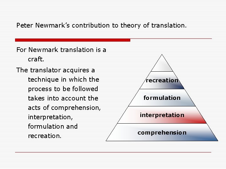 Peter Newmark’s contribution to theory of translation. For Newmark translation is a craft. The Peter Newmark’s contribution to theory of translation. For Newmark translation is a craft. The