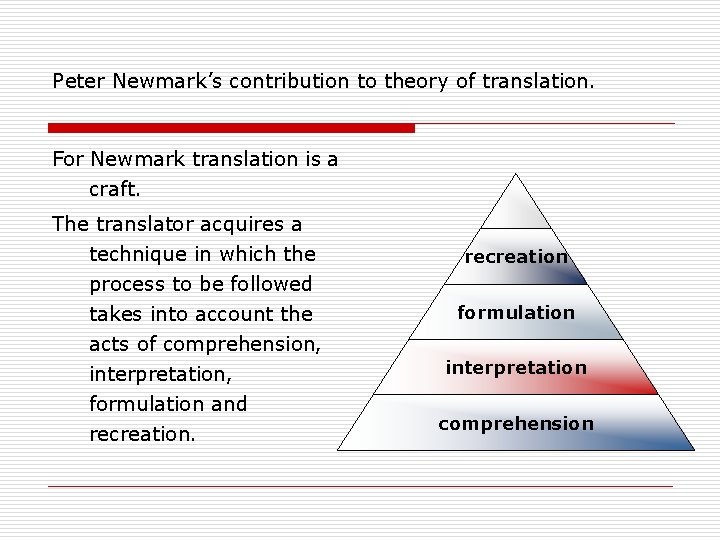 Peter Newmark’s contribution to theory of translation. For Newmark translation is a craft. The