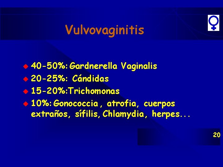 Vulvovaginitis 40 -50%: Gardnerella Vaginalis u 20 -25%: Cándidas u 15 -20%: Trichomonas u Vulvovaginitis 40 -50%: Gardnerella Vaginalis u 20 -25%: Cándidas u 15 -20%: Trichomonas u