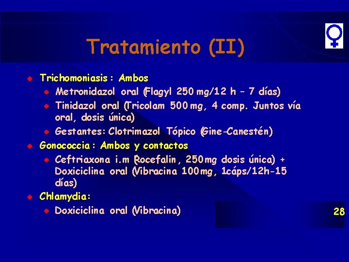 Tratamiento (II) u u u Trichomoniasis : Ambos u Metronidazol oral (Flagyl 250 mg/12 Tratamiento (II) u u u Trichomoniasis : Ambos u Metronidazol oral (Flagyl 250 mg/12