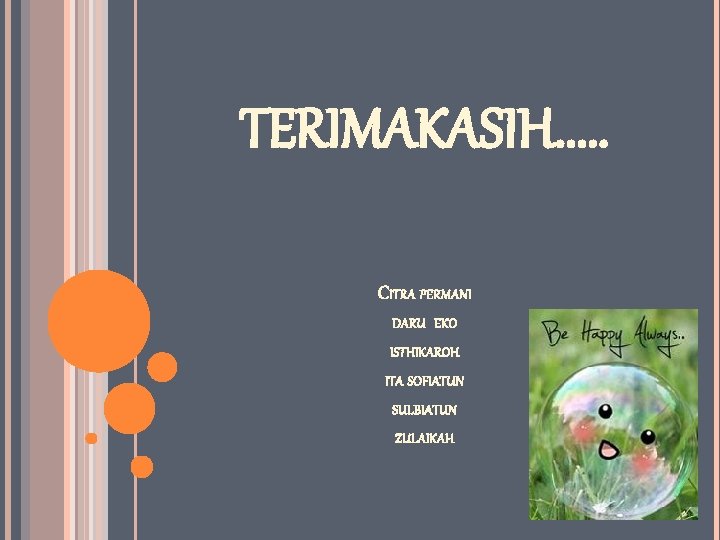 TERIMAKASIH. . . CITRA PERMANI DARU EKO ISTHIKAROH ITA SOFIATUN SULBIATUN ZULAIKAH 