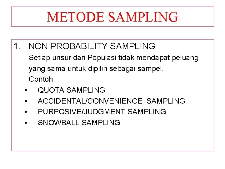 METODE SAMPLING 1. NON PROBABILITY SAMPLING Setiap unsur dari Populasi tidak mendapat peluang yang