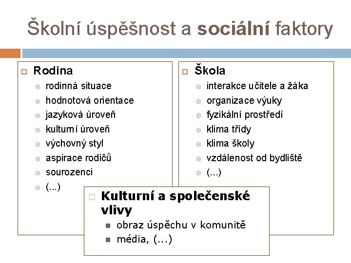 Školní úspěšnost a sociální faktory Rodina rodinná situace hodnotová orientace jazyková úroveň kulturní úroveň