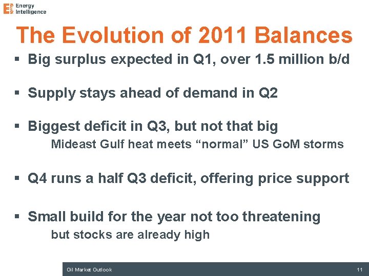 The Evolution of 2011 Balances § Big surplus expected in Q 1, over 1.