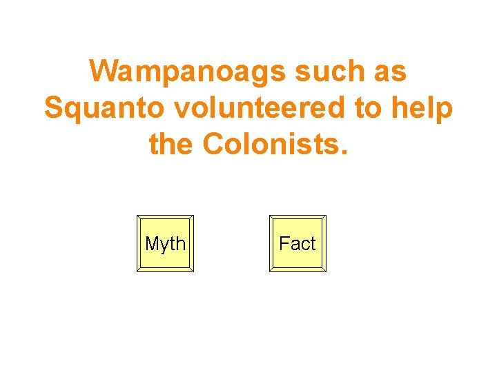 Wampanoags such as Squanto volunteered to help the Colonists. Myth Fact 