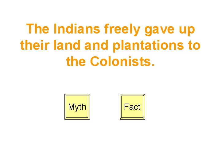 The Indians freely gave up their land plantations to the Colonists. Myth Fact 