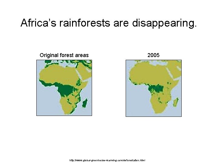 Africa’s rainforests are disappearing. Original forest areas http: //www. global-greenhouse-warming. com/deforestation. html 2005 