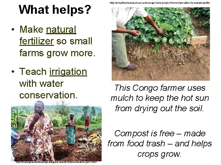 What helps? http: //smallfarmersjournal. com/congo-farm-project-from-starvation-to-sustainability • Make natural fertilizer so small farms grow more.