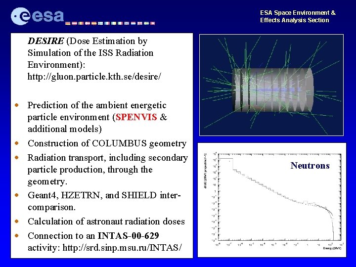 ESA Space Environment & Effects Analysis Section DESIRE (Dose Estimation by Simulation of the