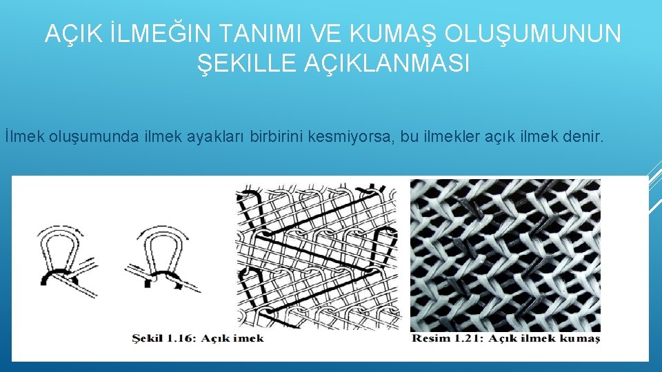 AÇIK İLMEĞIN TANIMI VE KUMAŞ OLUŞUMUNUN ŞEKILLE AÇIKLANMASI İlmek oluşumunda ilmek ayakları birbirini kesmiyorsa,