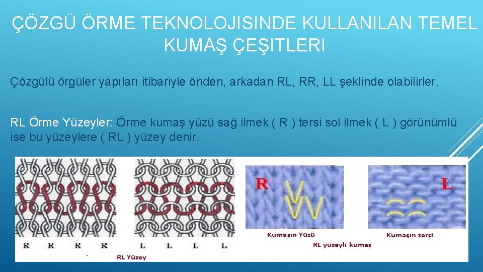 ÇÖZGÜ ÖRME TEKNOLOJISINDE KULLANILAN TEMEL KUMAŞ ÇEŞITLERI Çözgülü örgüler yapıları itibariyle önden, arkadan RL,