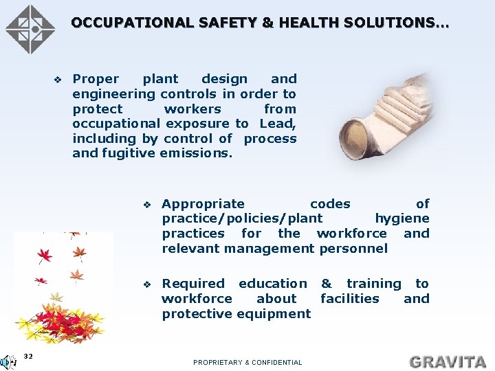 OCCUPATIONAL SAFETY & HEALTH SOLUTIONS… v 32 Proper plant design and engineering controls in