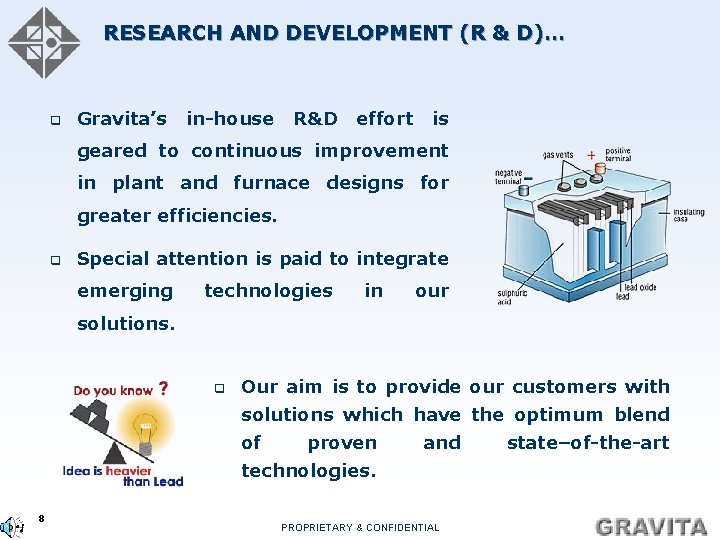 RESEARCH AND DEVELOPMENT (R & D)… q Gravita’s in-house R&D effort is geared to