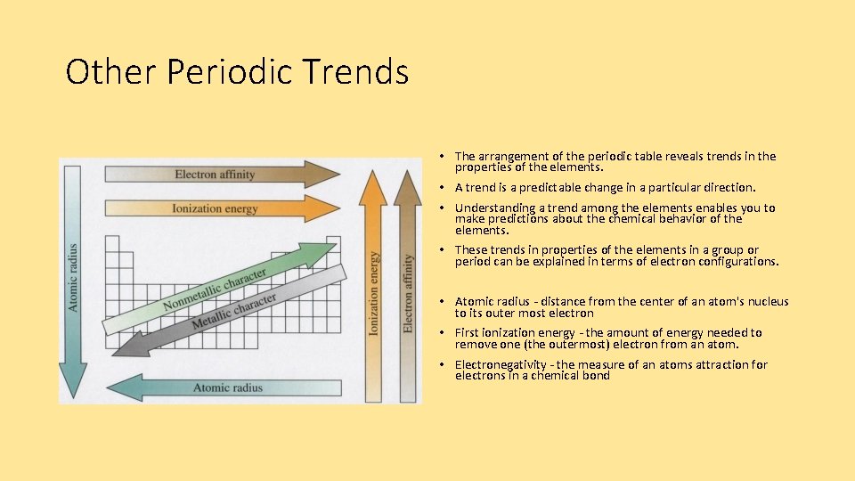Other Periodic Trends • The arrangement of the periodic table reveals trends in the